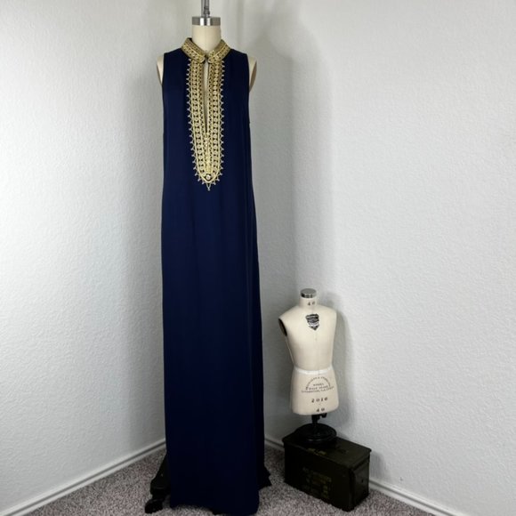 LILLY PULITZER Jane Maxi Dress True Navy Bamboo Pull Tassel Front Side Slit Co - Picture 2 of 12